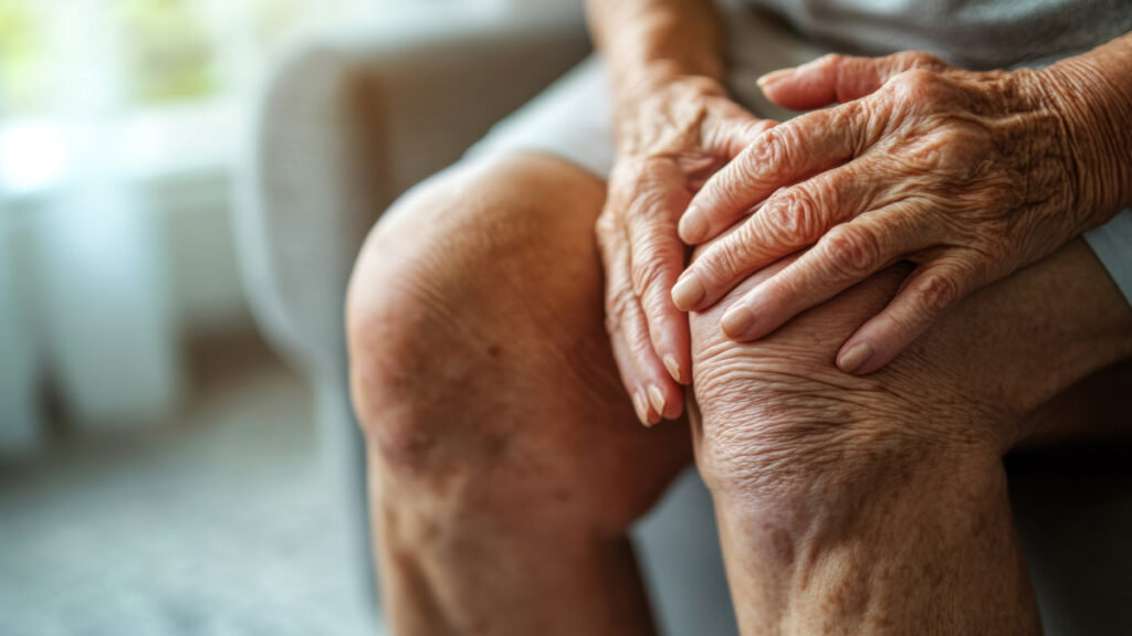 Elderly hands clutching a painful knee, depicting arthritis discomfort. Blue-Emu pain relief cream can help soothe joint pain.