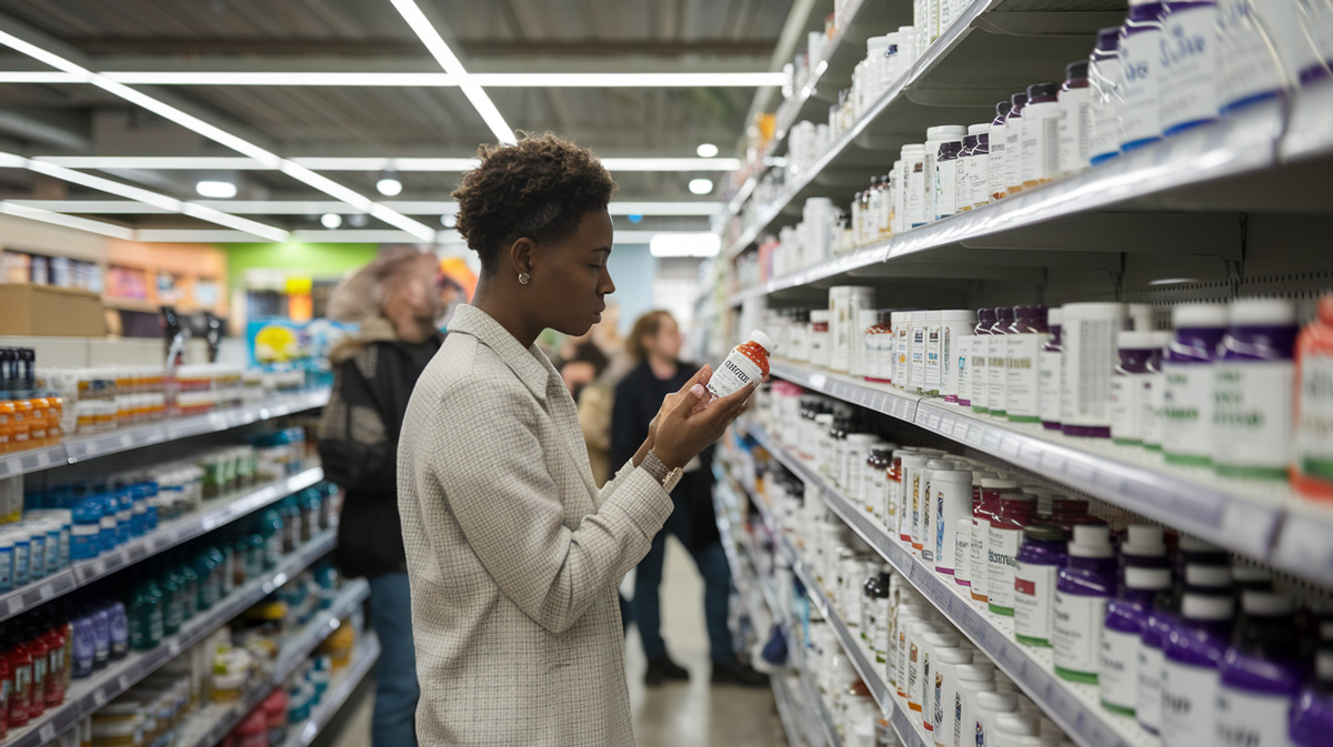 Woman browsing a store aisle, reading a bottle of supplements. Blue-Emu offers trusted pain relief with quality ingredients.